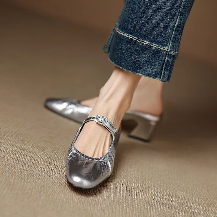 Women's Handmade Leather Retro Round Toe Chunky Low Heel Mary Jane Mule Shoes