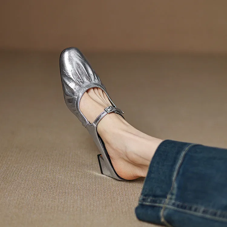 Women's Handmade Leather Retro Round Toe Chunky Low Heel Mary Jane Mule Shoes