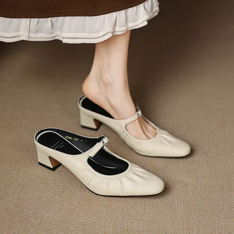 Women's Handmade Leather Retro Round Toe Chunky Low Heel Mary Jane Mule Shoes