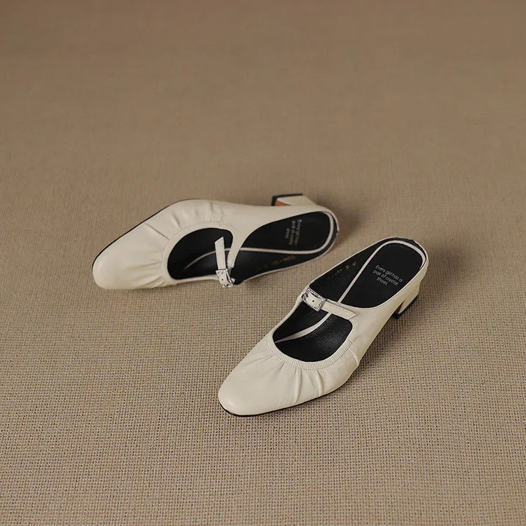 Women's Handmade Leather Retro Round Toe Chunky Low Heel Mary Jane Mule Shoes