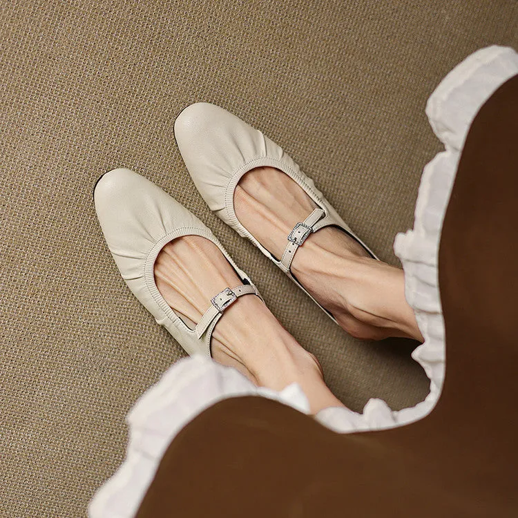 Women's Handmade Leather Retro Round Toe Chunky Low Heel Mary Jane Mule Shoes