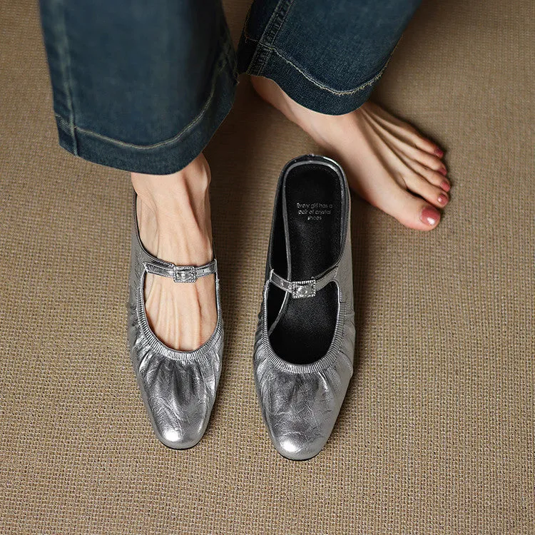 Women's Handmade Leather Retro Round Toe Chunky Low Heel Mary Jane Mule Shoes
