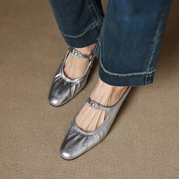 Women's Handmade Leather Retro Round Toe Chunky Low Heel Mary Jane Mule Shoes