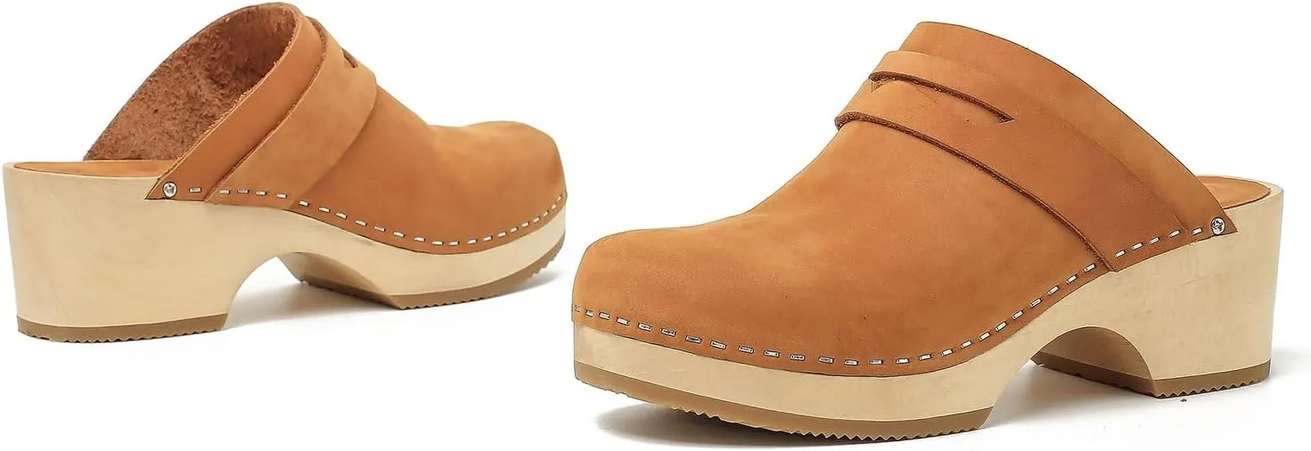 Women's Handmade Wooden Clog Mule 2.3" Open Back Leather Clogs Classic Clogs Mule for Long-Lasting Wear