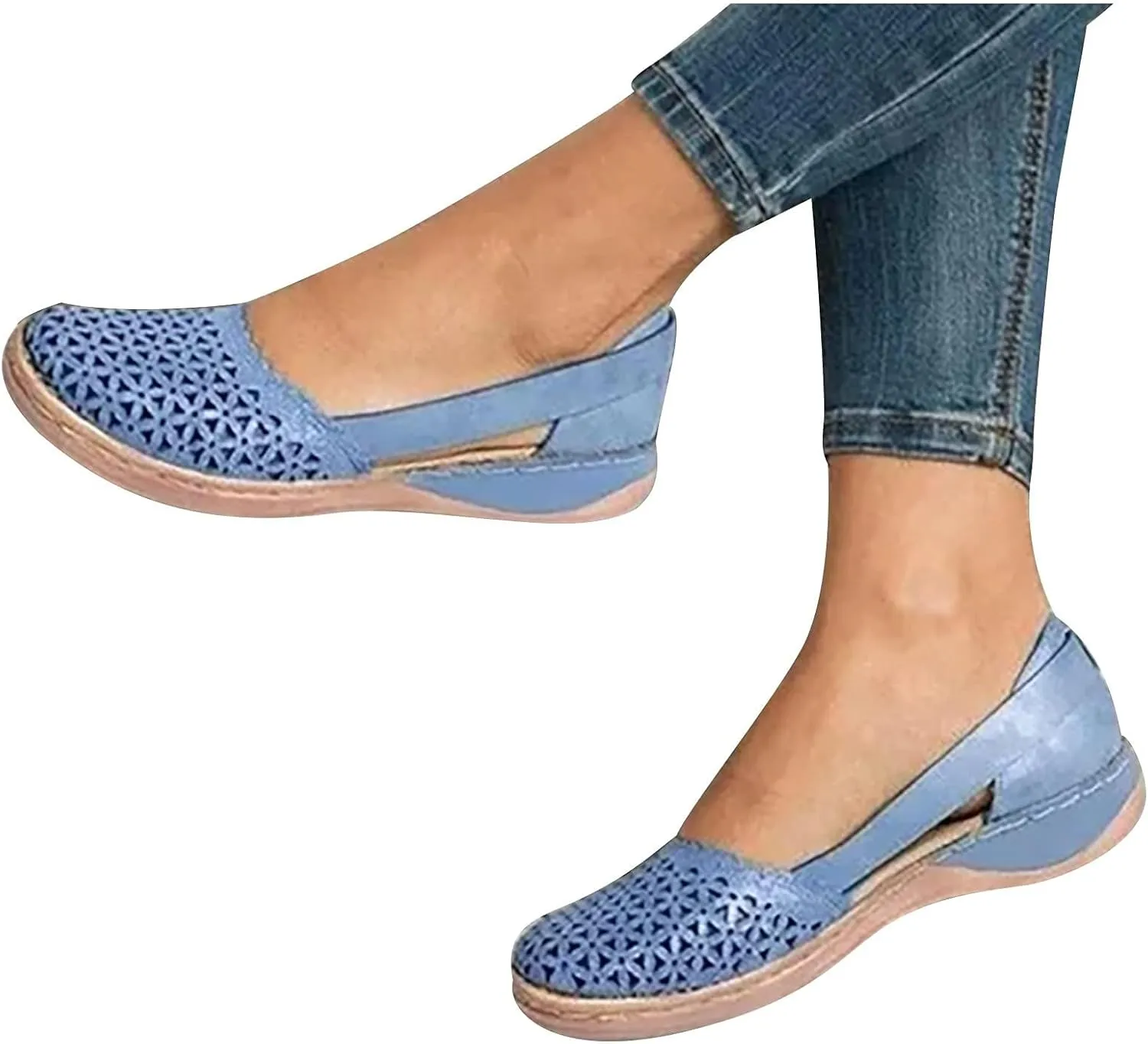 Womens Hollow Ballet Flats Round Toe Slip On Shoes Light Weight Comfort Sandals Retro Low Heels Shoe Vintage Leather Sandal Casual Walking Mary Janes Shoes with Breathable Eyelets