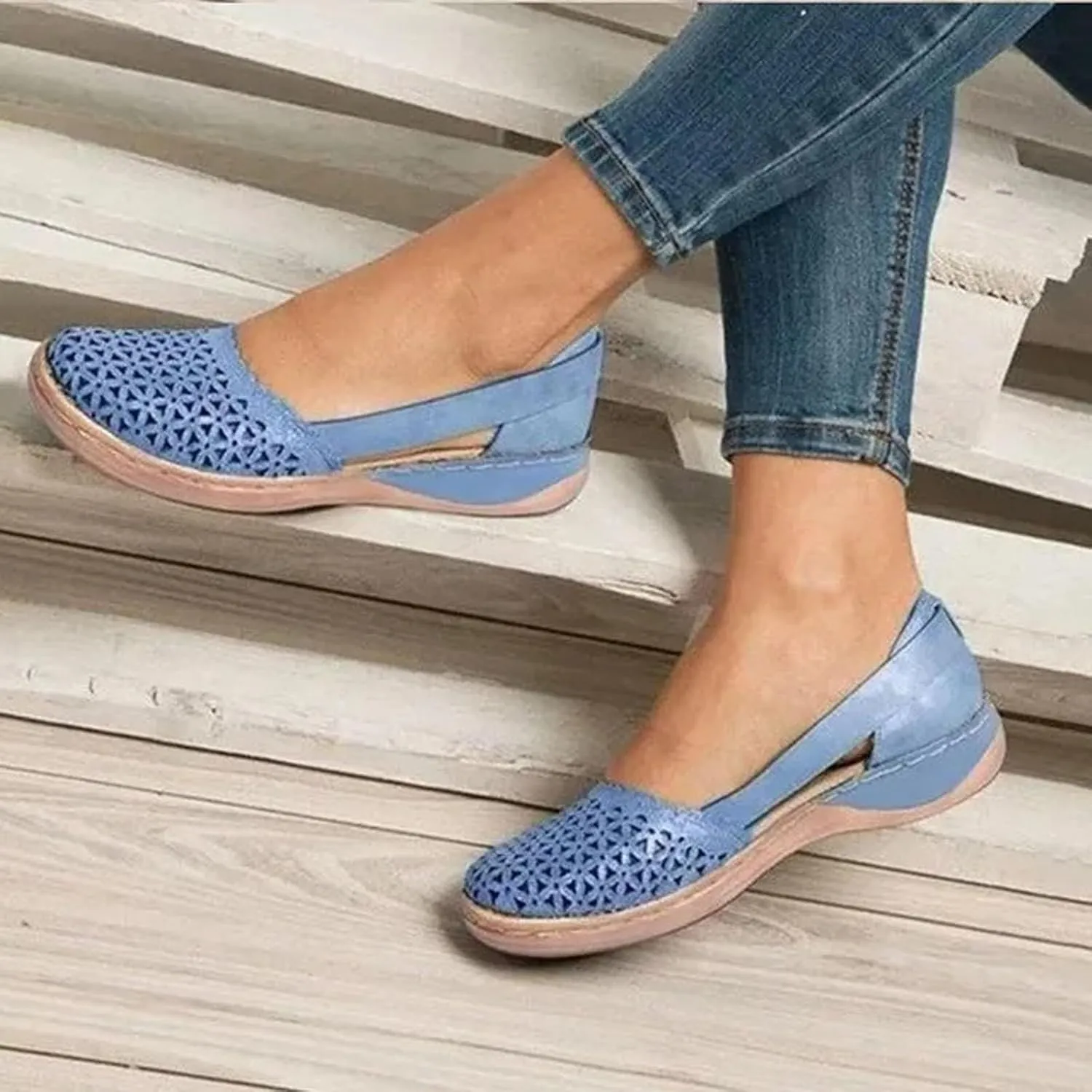 Womens Hollow Ballet Flats Round Toe Slip On Shoes Light Weight Comfort Sandals Retro Low Heels Shoe Vintage Leather Sandal Casual Walking Mary Janes Shoes with Breathable Eyelets