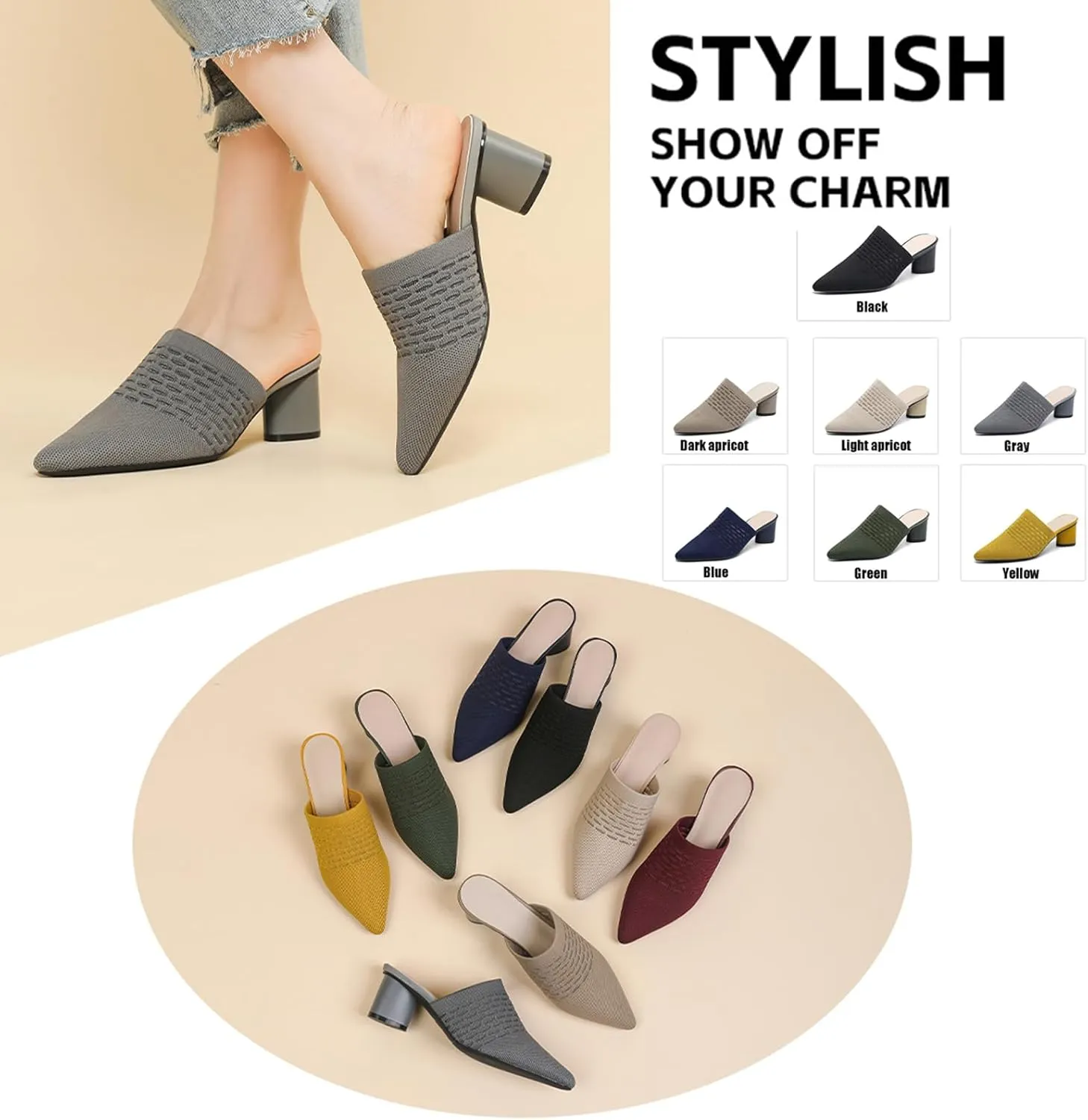 Women’s Knit Mesh Chunky Heel Mules Closed Pointed Toe Backless Slip On Mid Block Heel Dress Slide Sandals Summer Breathable Daily Party Pumps