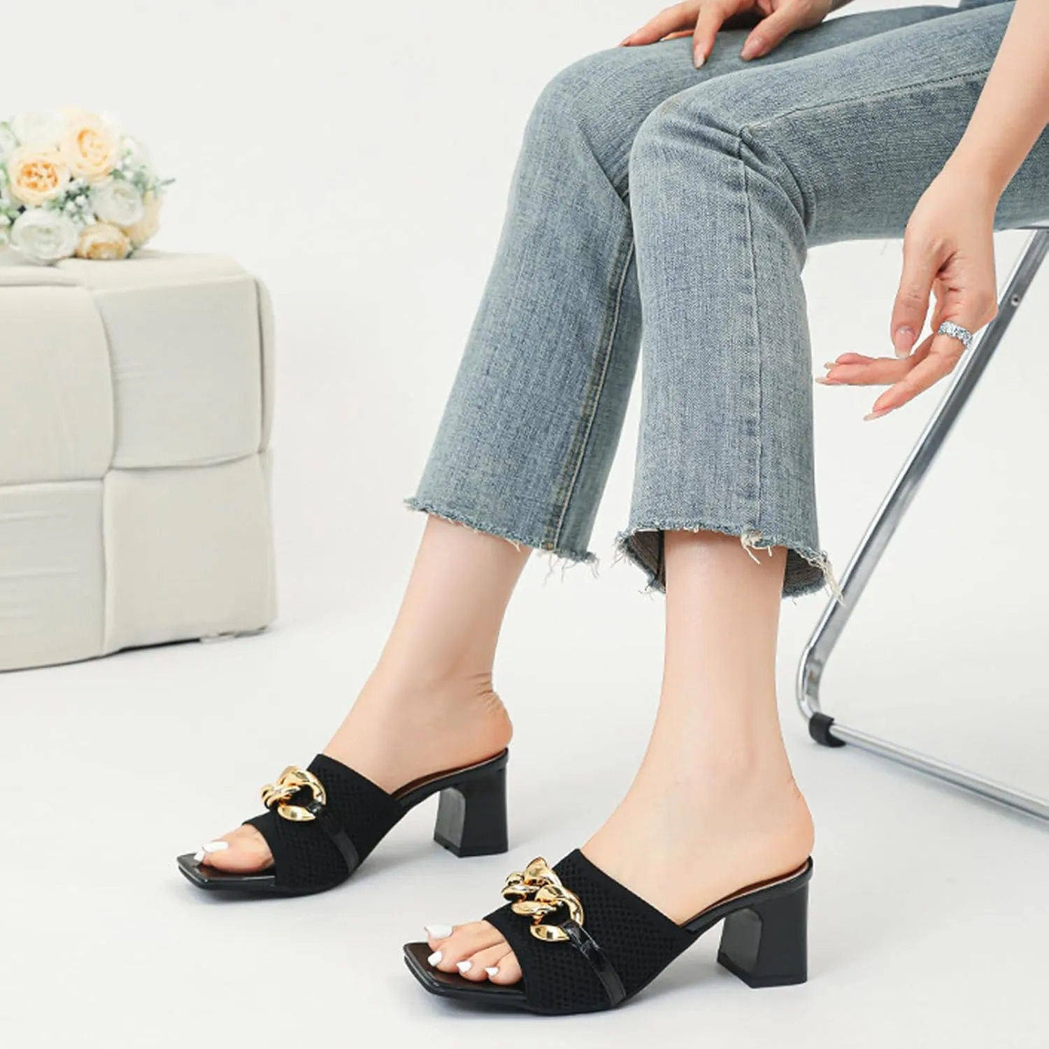 Women's Knit Open Toe Block Heel Mule Slides Fashion Square Toe Chain Slip On Mid Block Heel Sandals for Beach Parties