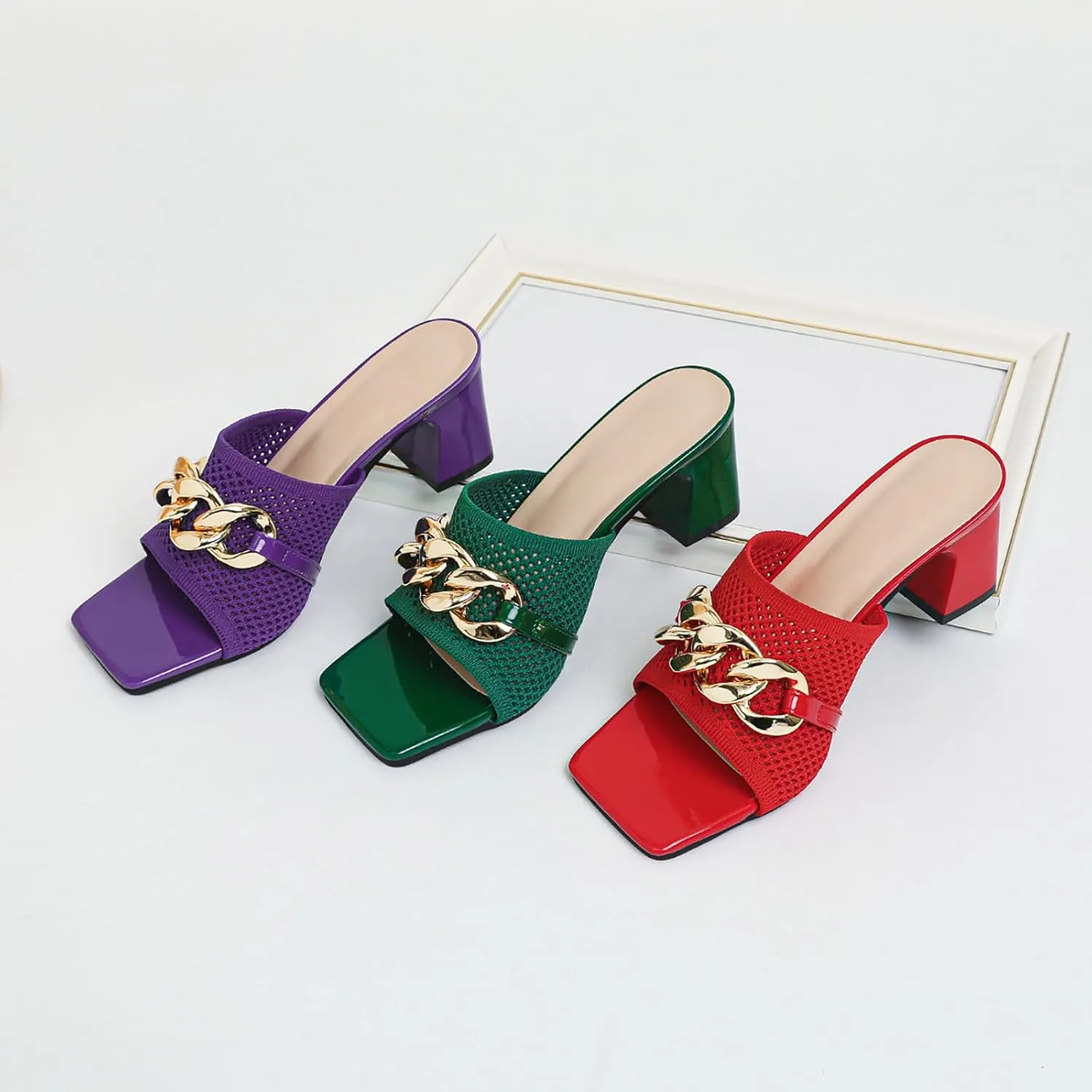 Women's Knit Open Toe Block Heel Mule Slides Fashion Square Toe Chain Slip On Mid Block Heel Sandals for Beach Parties