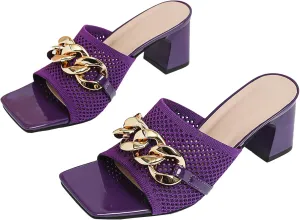 Women's Knit Open Toe Block Heel Mule Slides Fashion Square Toe Chain Slip On Mid Block Heel Sandals for Beach Parties