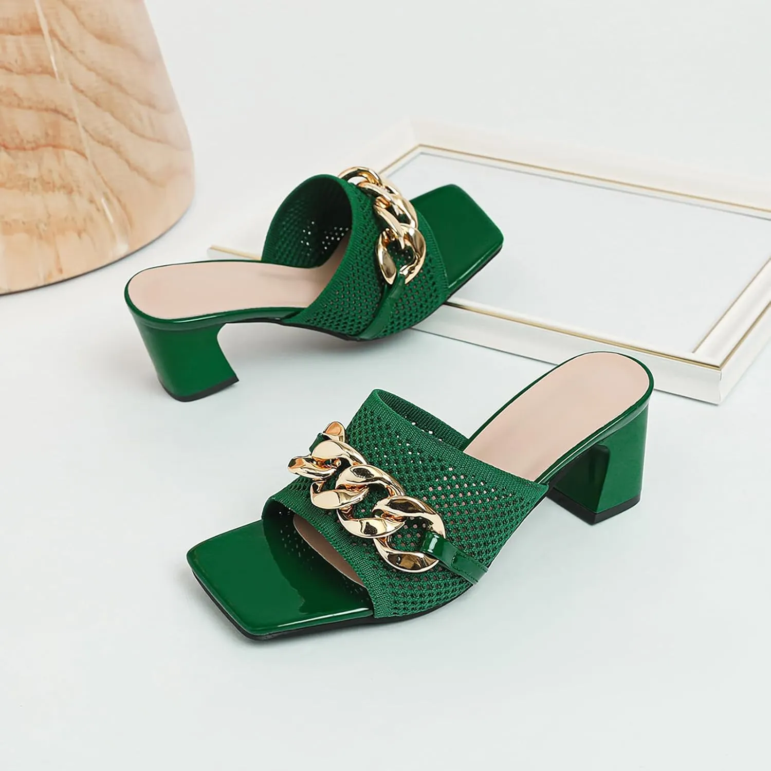 Women's Knit Open Toe Block Heel Mule Slides Fashion Square Toe Chain Slip On Mid Block Heel Sandals for Beach Parties