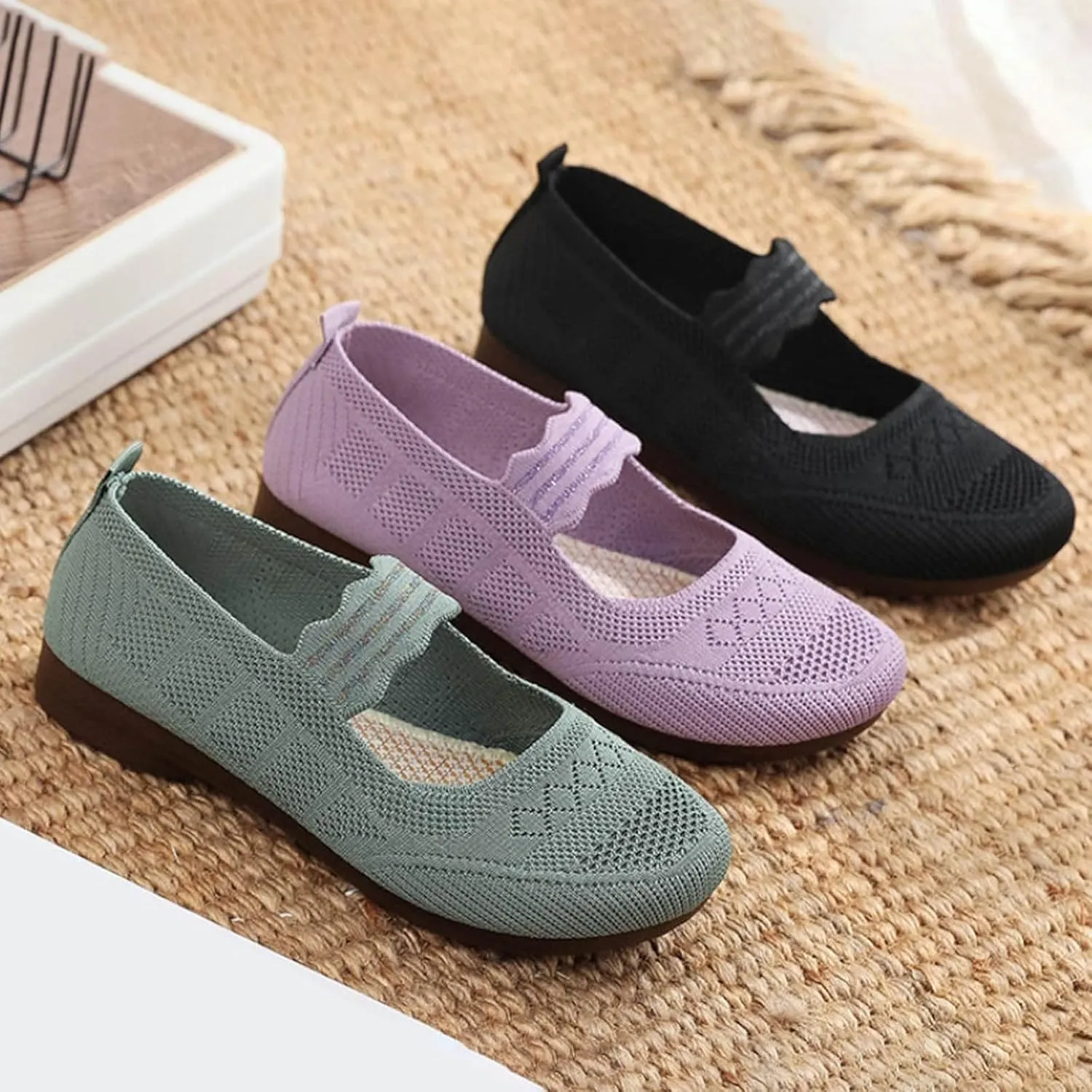 Womens Knitted Flat Shoes Lightweight Comfortable Slip on Loafers Breathable Flats Knit loaferas Casual Breathable mesh Walking Shoes Round Toe Ballet Flat Shoes Walking Flats Shoes for Women