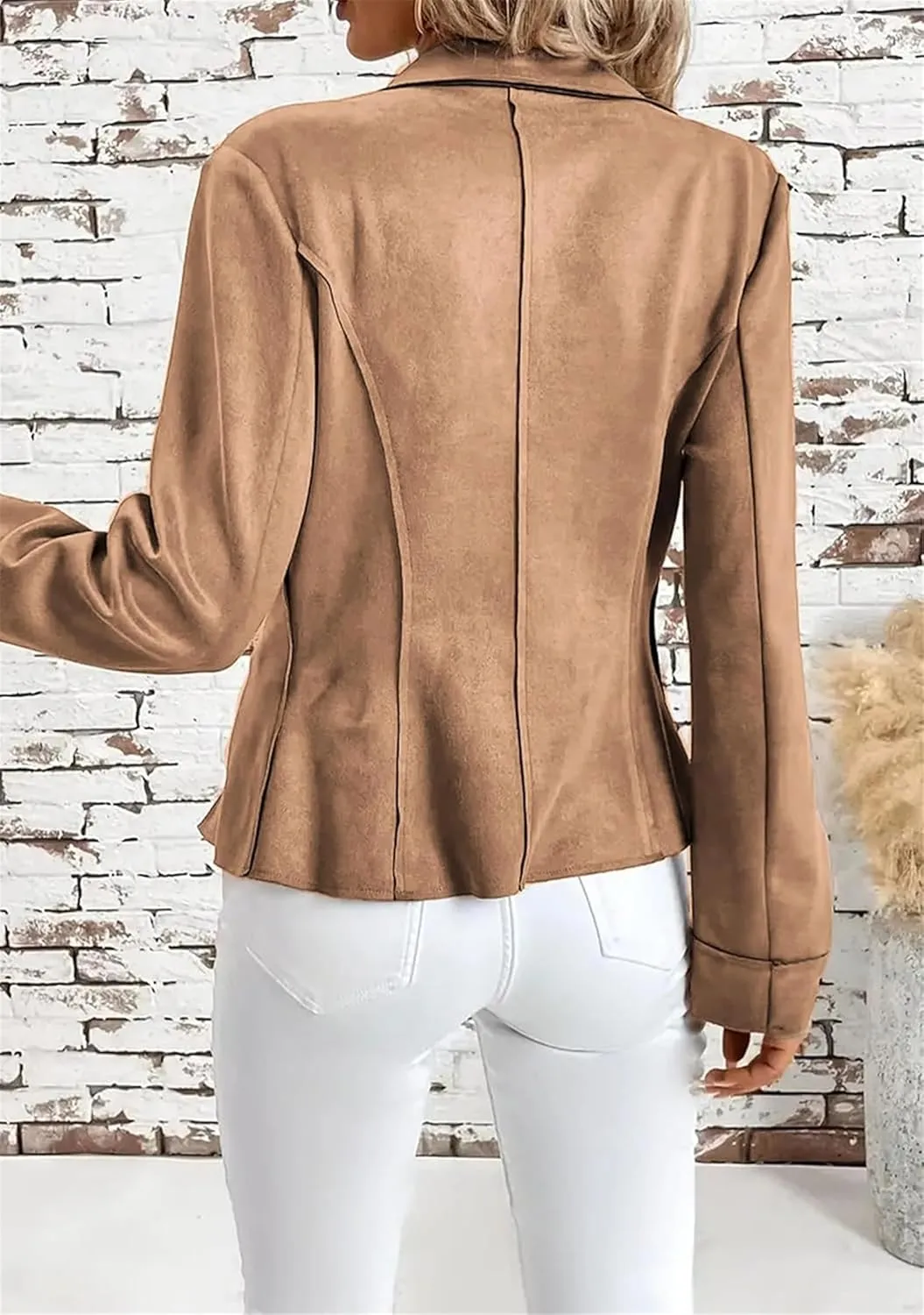 Women's Lapel Faux Suede Coats Long Sleeve Cropped Jacket Open Front Moto Biker Bomber Jacket