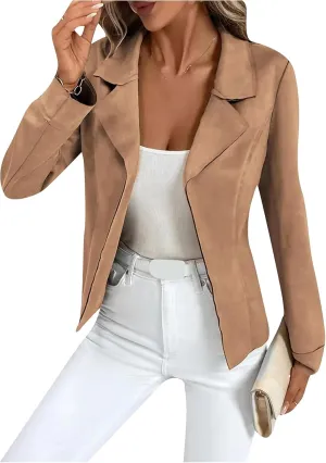 Women's Lapel Faux Suede Coats Long Sleeve Cropped Jacket Open Front Moto Biker Bomber Jacket
