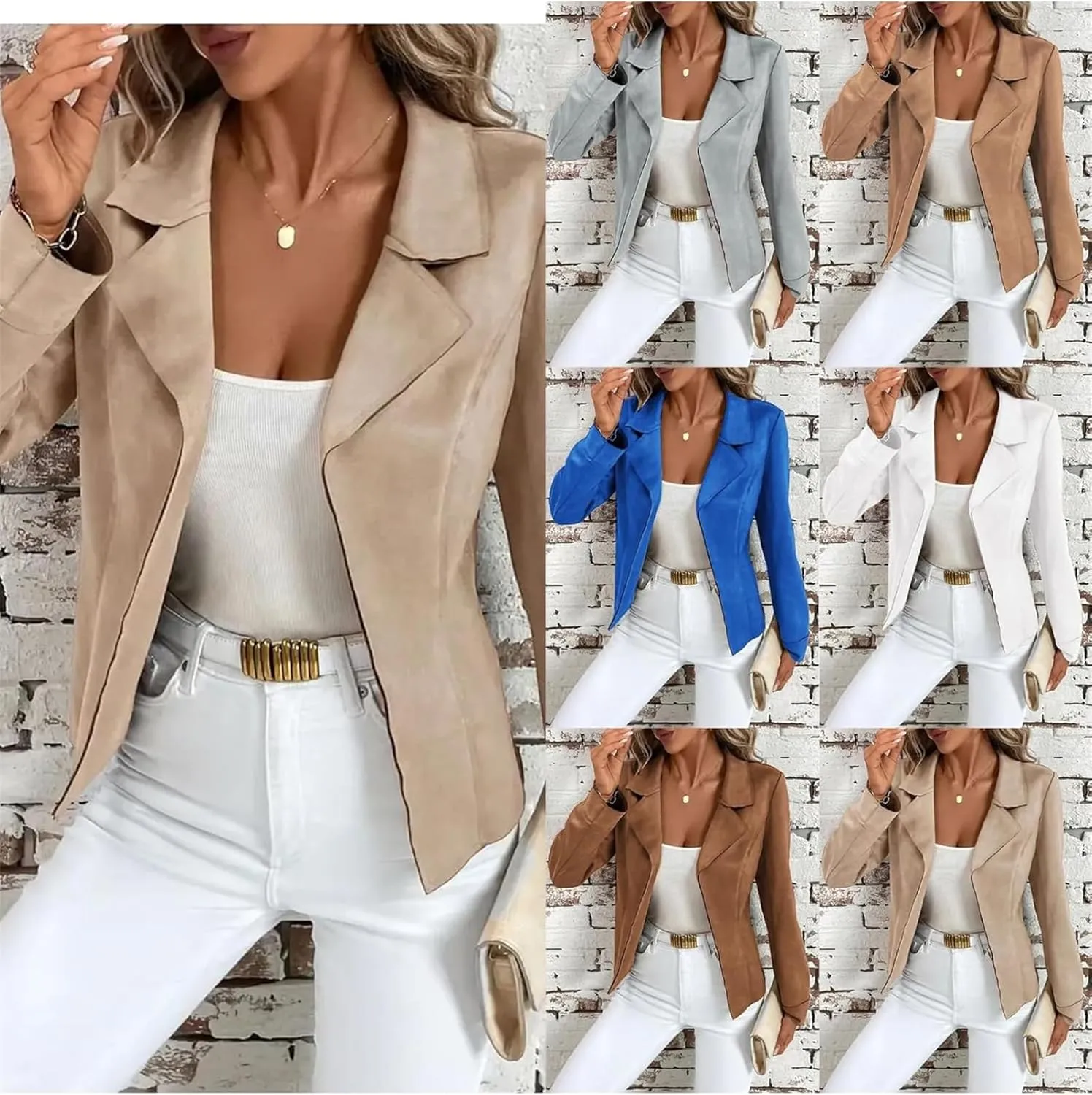 Women's Lapel Faux Suede Coats Long Sleeve Cropped Jacket Open Front Moto Biker Bomber Jacket