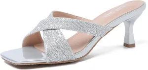 Womens Low Kitten Heel Mule Sandals Square Open Toe Cross Strap Slip on Slide Slippers Summer Wedding Evening Party Dress Shoes