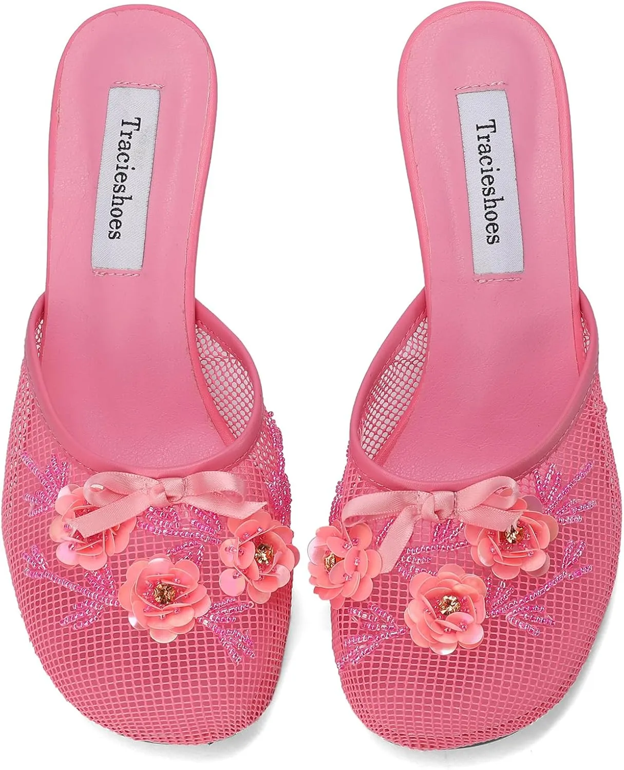 Women's Mesh Mule Slip On Sandals With Floral Sequin Embellishments Round Toe Middle Heel Slides Slippers 2.5 Inch
