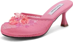 Women's Mesh Mule Slip On Sandals With Floral Sequin Embellishments Round Toe Middle Heel Slides Slippers 2.5 Inch