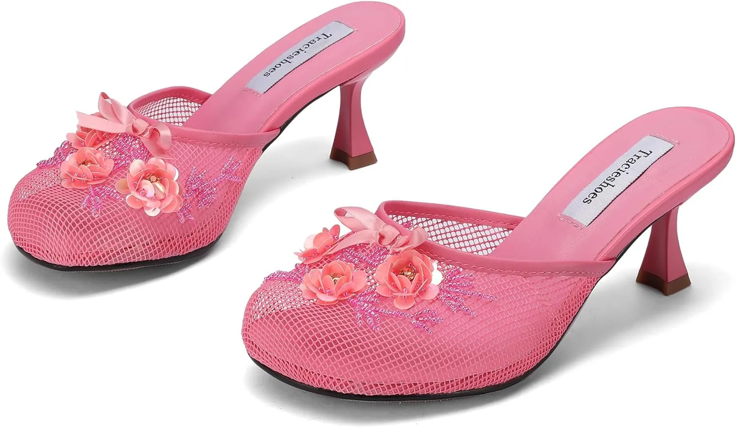 Women's Mesh Mule Slip On Sandals With Floral Sequin Embellishments Round Toe Middle Heel Slides Slippers 2.5 Inch