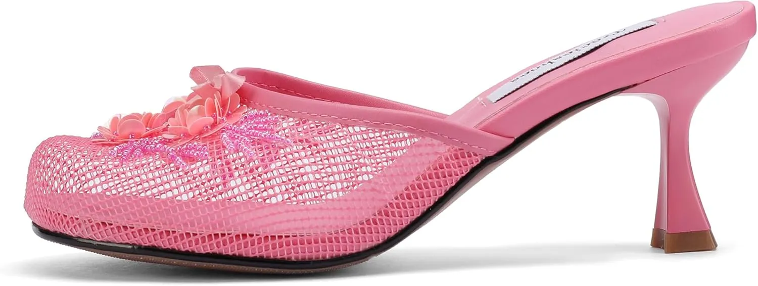 Women's Mesh Mule Slip On Sandals With Floral Sequin Embellishments Round Toe Middle Heel Slides Slippers 2.5 Inch