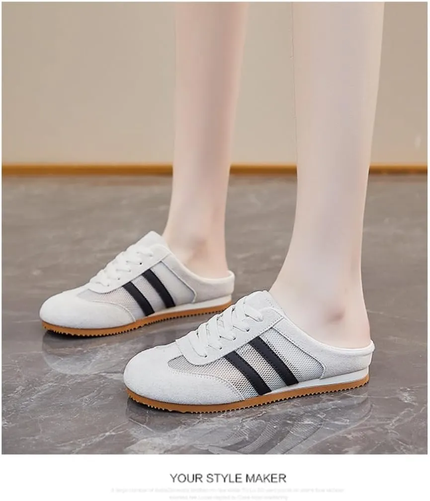 Women's Mule Sneakers Backless Tennis Shoes Slip on House Slippers Platform Lace Up Breathable Mesh Lightweight Casual Walking Slides Wide Open Back Shoes Outdoor Gym Golf Summer Cruise Vacation