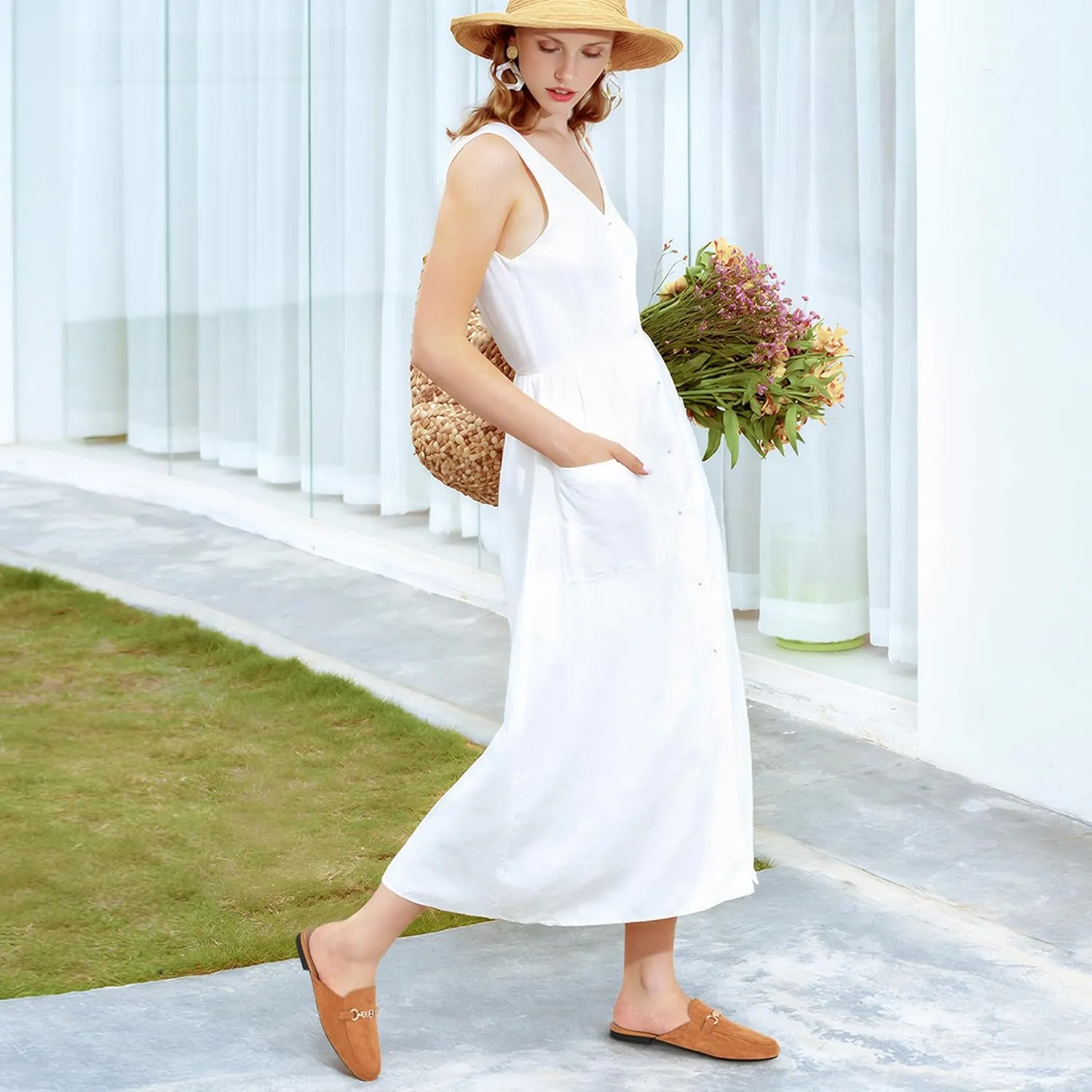 Womens Mules Buckle Flats: Classic Suede Slip On Shoes Dressy Closed Toe Backless Slides Loafers 2025