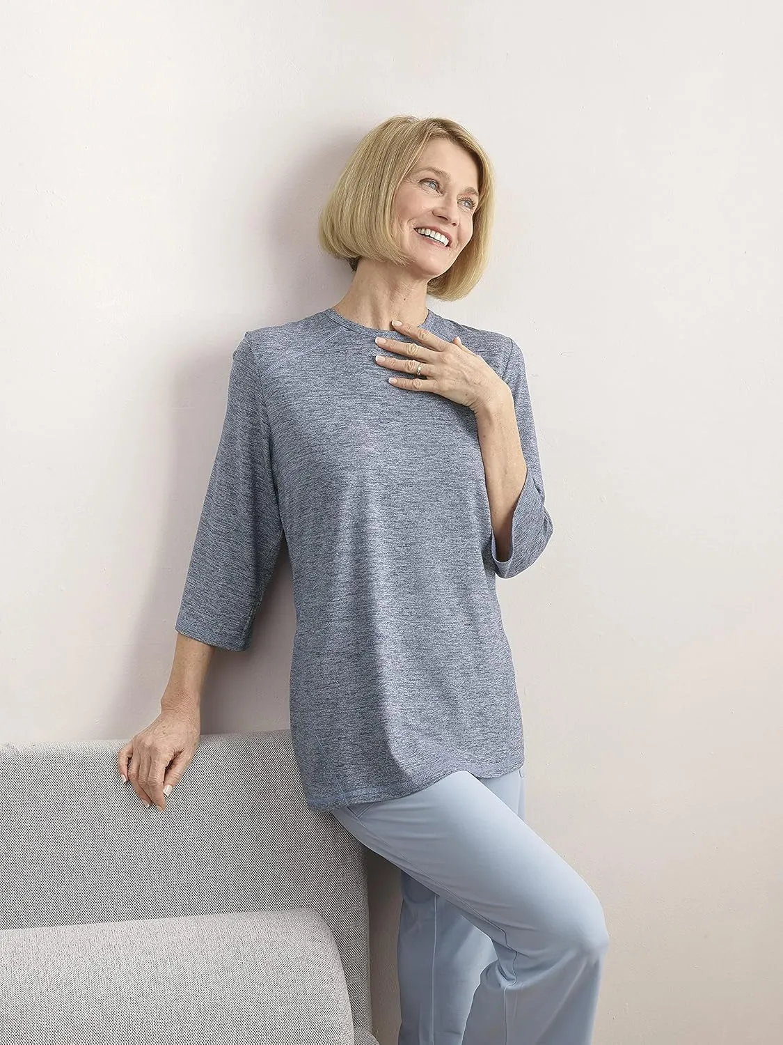 Women’s Open Back Adaptive Active Crew Neck Top for Seniors - 3/4 Long Sleeve Shirt