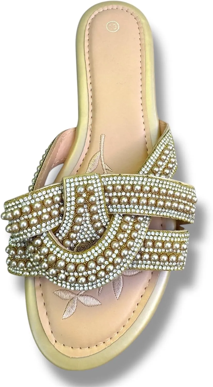 Women's Pearl Embellished Slide Sandals, Flat Comfort Slippers, 3 Colors - Black, White, Beige