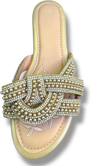 Women's Pearl Embellished Slide Sandals, Flat Comfort Slippers, 3 Colors - Black, White, Beige
