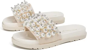 Women's Pearl Platform Sandals Open Toe Slip-On Flatform Cute Slide Sandals for Casual Summer Beach with Soft Cushioned Footbed