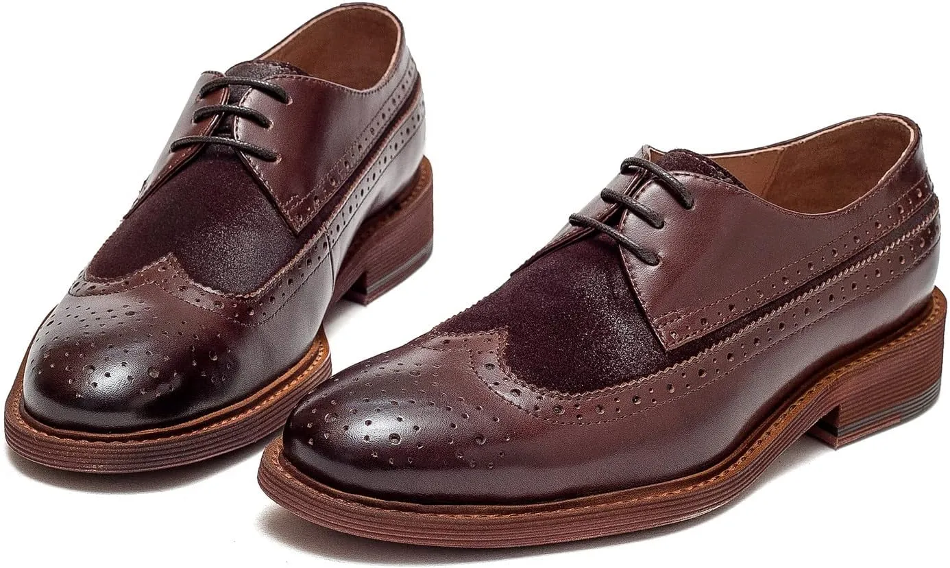 Women's Perforated Classic Lace-up Oxfords Brogue Wingtip Round Toe Derby Saddle Leather Shoes for Women Girls Lady Wife