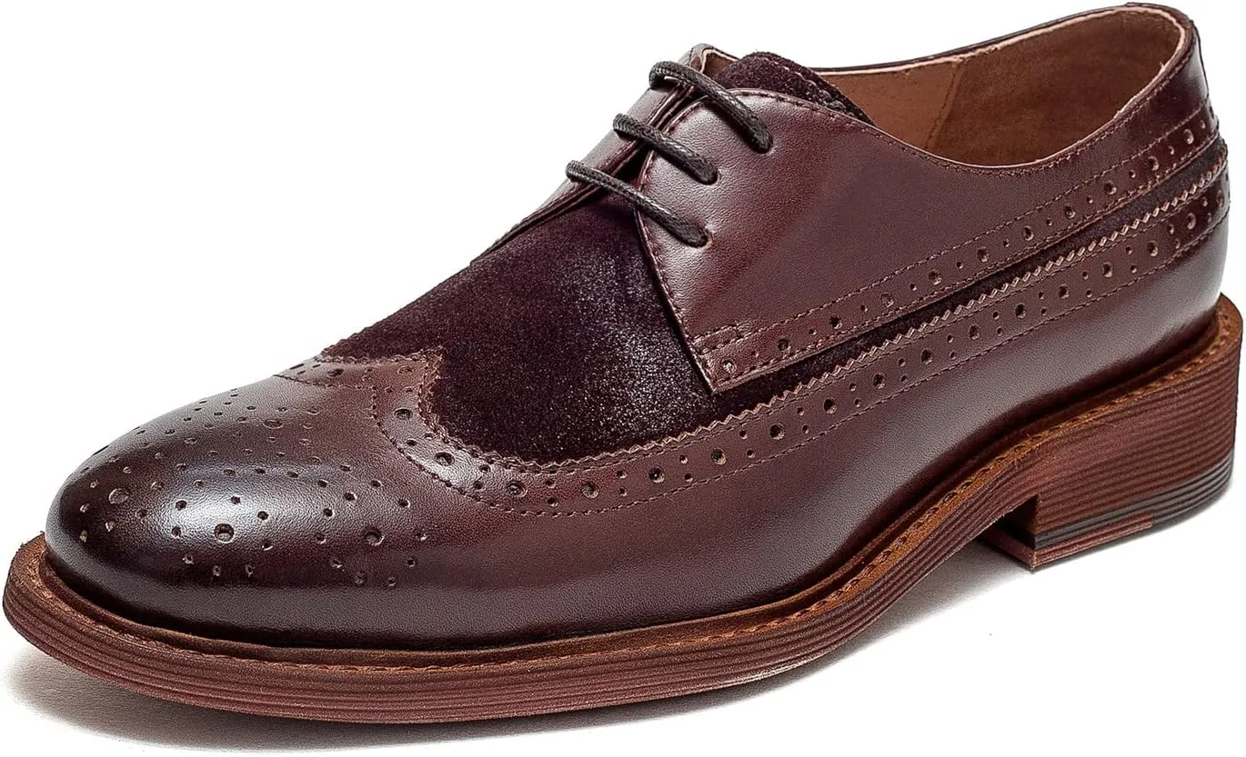 Women's Perforated Classic Lace-up Oxfords Brogue Wingtip Round Toe Derby Saddle Leather Shoes for Women Girls Lady Wife