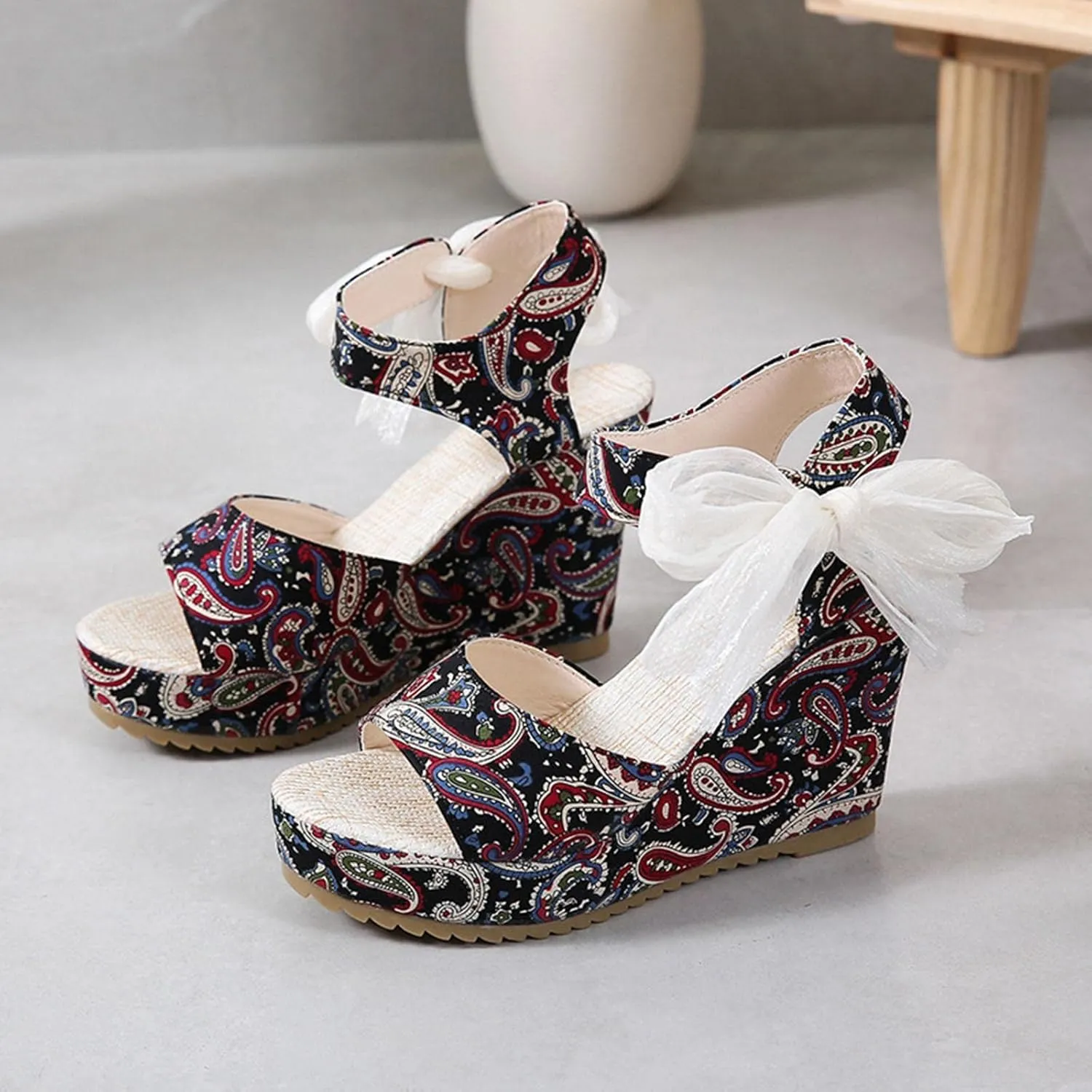 Women's Platform Sandals Wedge Open Toe Ankle Strap Lace Wedding Bridesmaid Shoes Close Toe Dressy Wide Width Lightweight