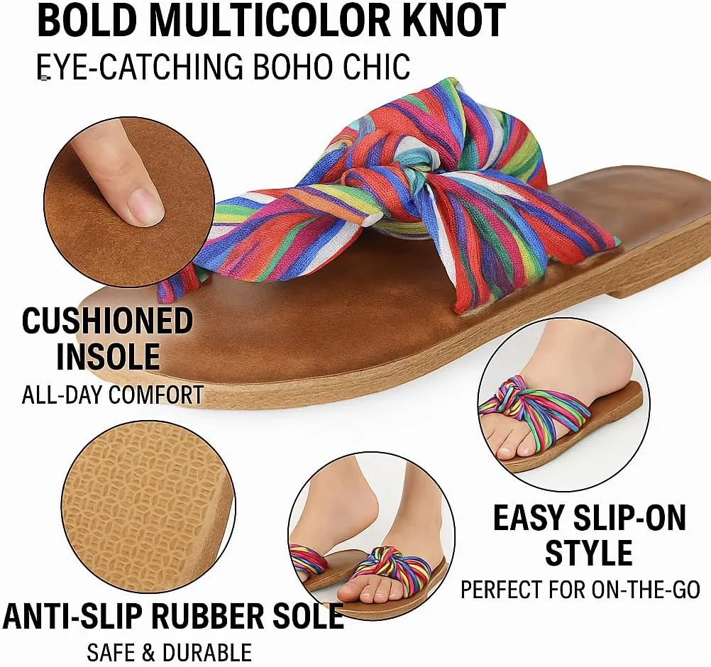 Women's Rainbow Bow Tie Flat Beach Sandals, Open Toe Thong Summer Slides Vacation Vacation Casual Multicolored Striped Vacation Shoes