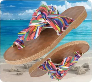 Women's Rainbow Bow Tie Flat Beach Sandals, Open Toe Thong Summer Slides Vacation Vacation Casual Multicolored Striped Vacation Shoes