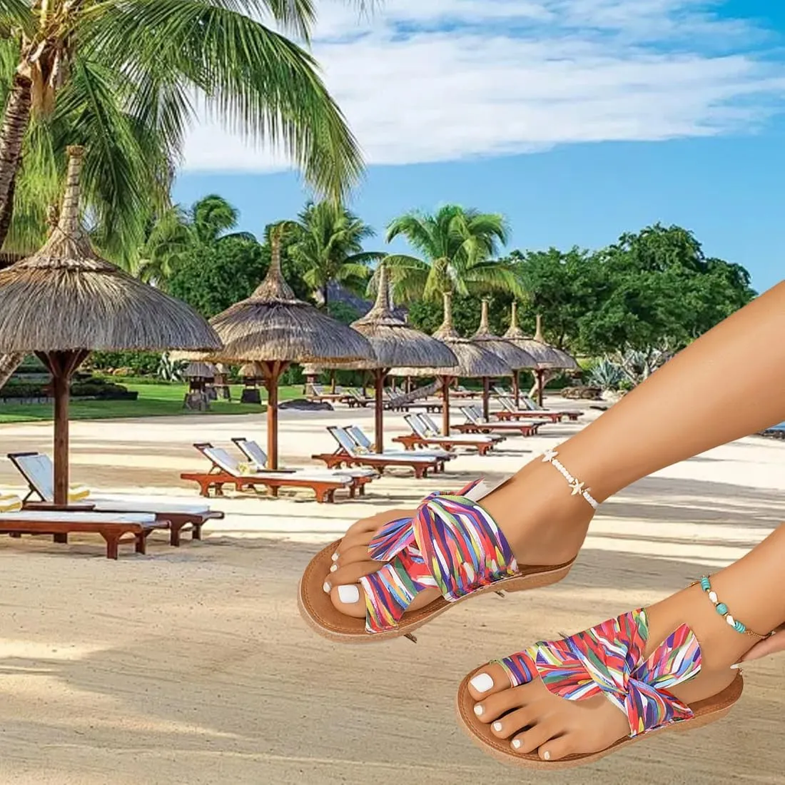 Women's Rainbow Bow Tie Flat Beach Sandals, Open Toe Thong Summer Slides Vacation Vacation Casual Multicolored Striped Vacation Shoes