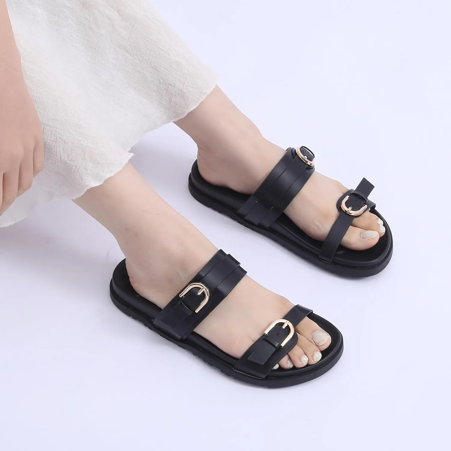 Women's Sandal Slide, Handmade Soft Cushioned Footbed Open Toe Slides, Adjustable Slip On Flat, Size 7-10