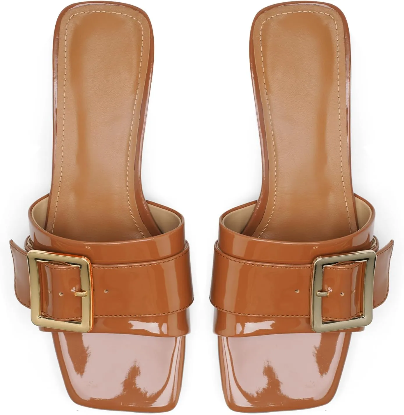 Women's Slide Heeled Sandals Opened Square Toe Chunky Block Heel Slippers with Buckle Slip on Casual Comfortable Pumps