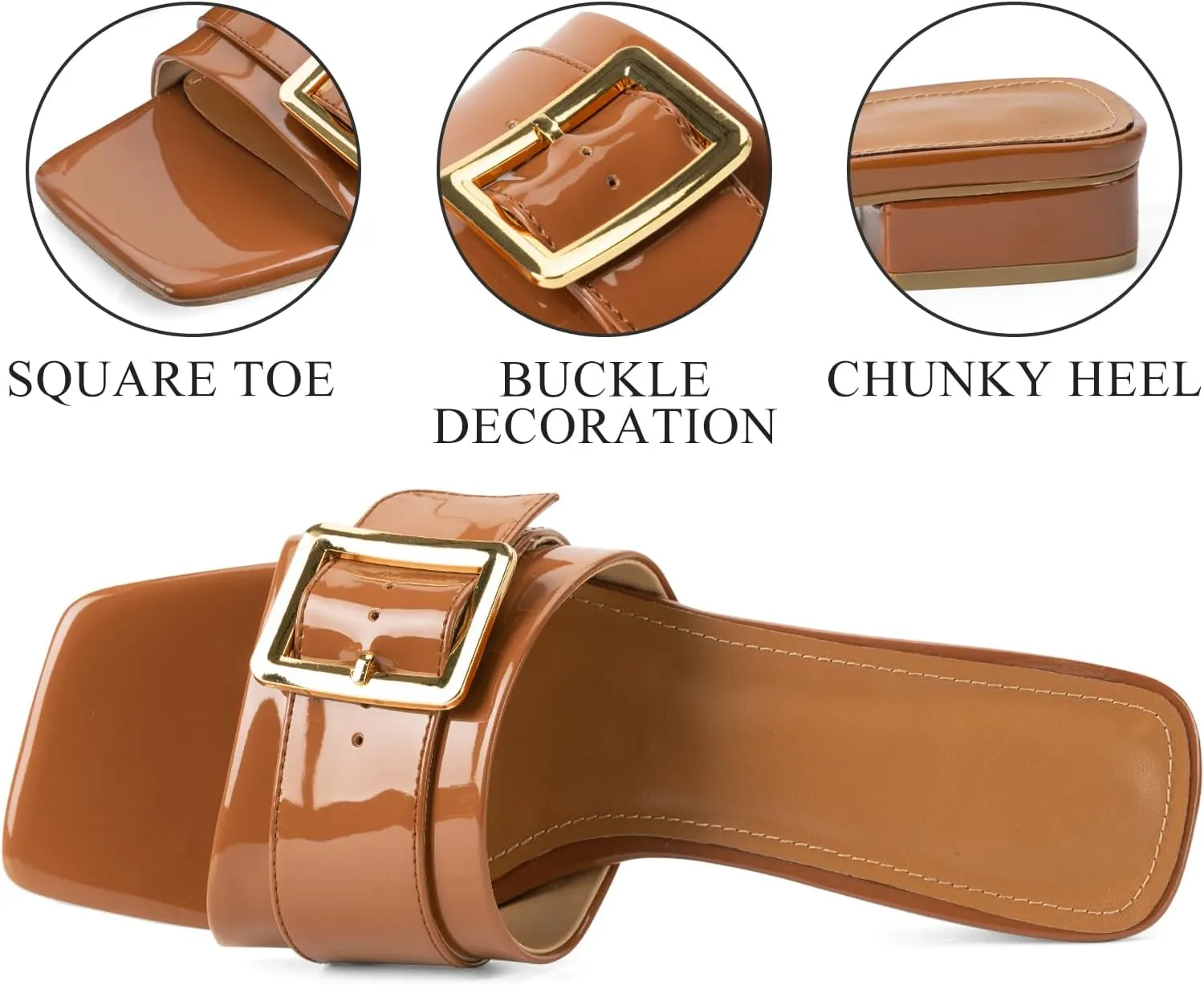 Women's Slide Heeled Sandals Opened Square Toe Chunky Block Heel Slippers with Buckle Slip on Casual Comfortable Pumps