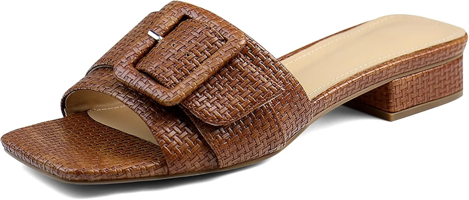 Women's Slide Heeled Sandals Opened Square Toe Chunky Block Heel Slippers with Buckle Slip on Casual Comfortable Pumps