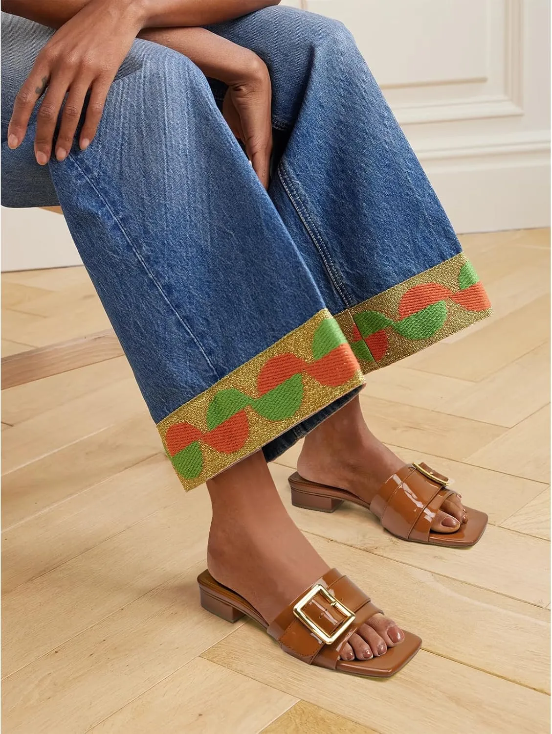 Women's Slide Heeled Sandals Opened Square Toe Chunky Block Heel Slippers with Buckle Slip on Casual Comfortable Pumps