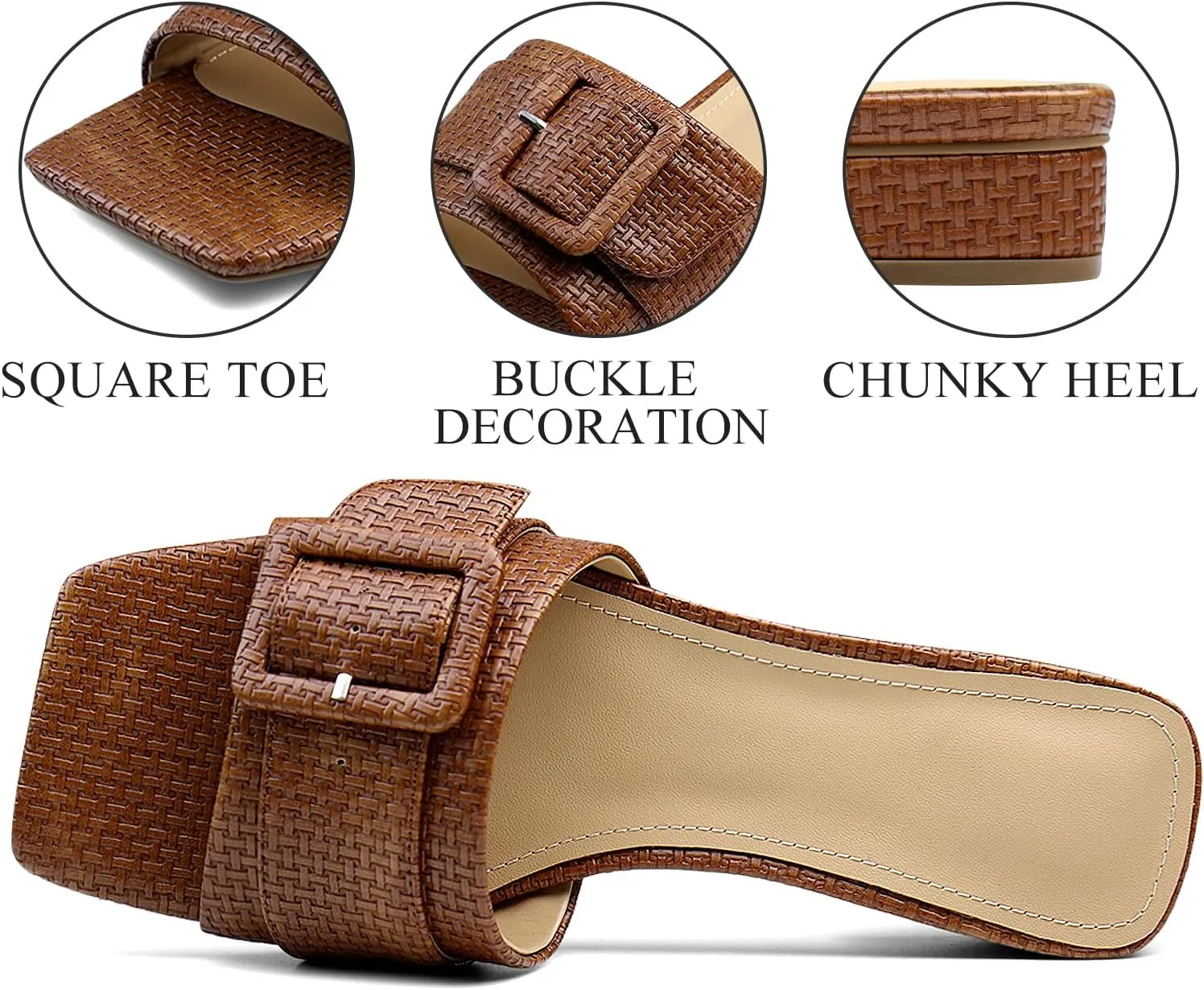 Women's Slide Heeled Sandals Opened Square Toe Chunky Block Heel Slippers with Buckle Slip on Casual Comfortable Pumps