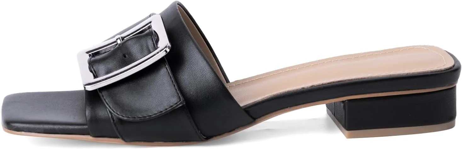 Women's Slide Heeled Sandals Opened Square Toe Chunky Block Heel Slippers with Buckle Slip on Casual Comfortable Pumps