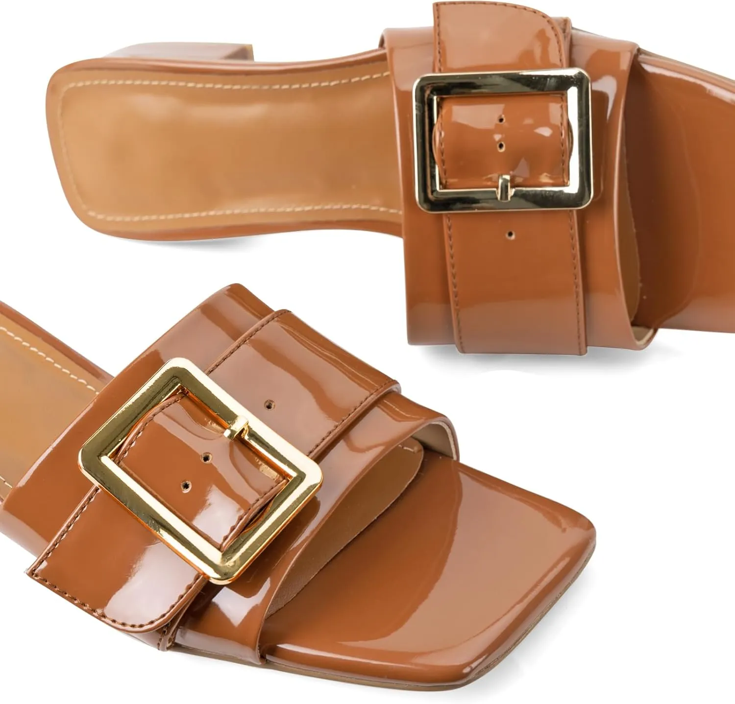 Women's Slide Heeled Sandals Opened Square Toe Chunky Block Heel Slippers with Buckle Slip on Casual Comfortable Pumps
