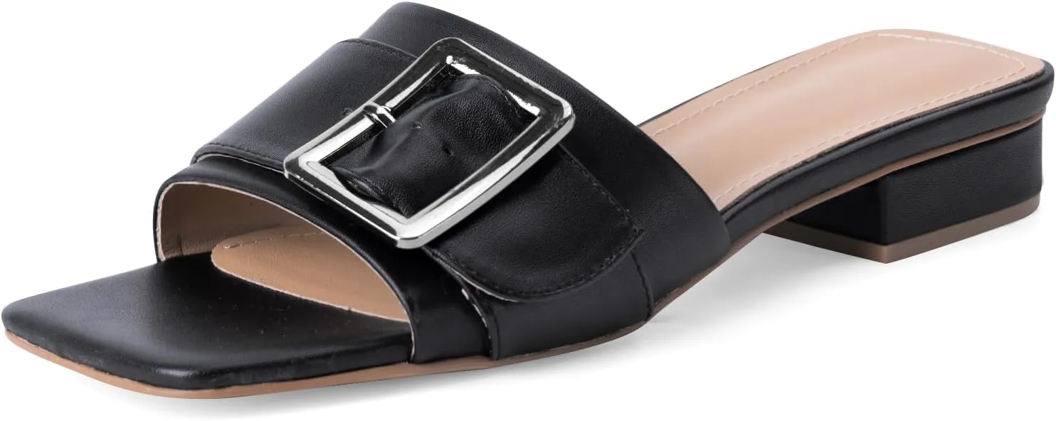Women's Slide Heeled Sandals Opened Square Toe Chunky Block Heel Slippers with Buckle Slip on Casual Comfortable Pumps