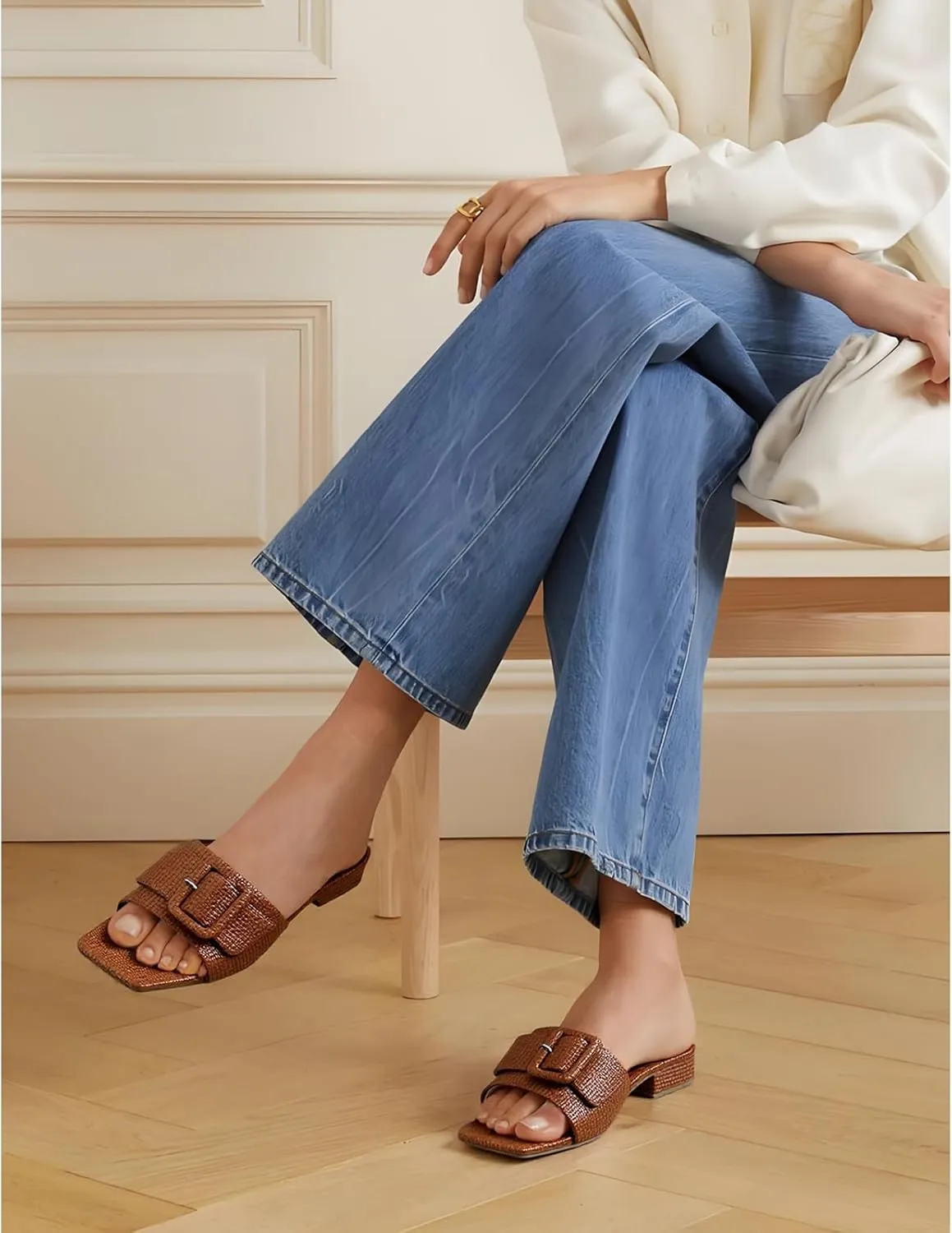 Women's Slide Heeled Sandals Opened Square Toe Chunky Block Heel Slippers with Buckle Slip on Casual Comfortable Pumps