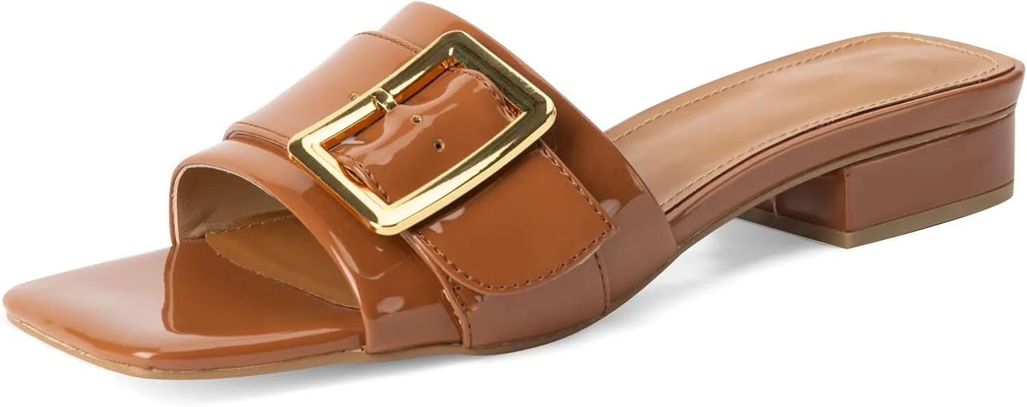 Women's Slide Heeled Sandals Opened Square Toe Chunky Block Heel Slippers with Buckle Slip on Casual Comfortable Pumps