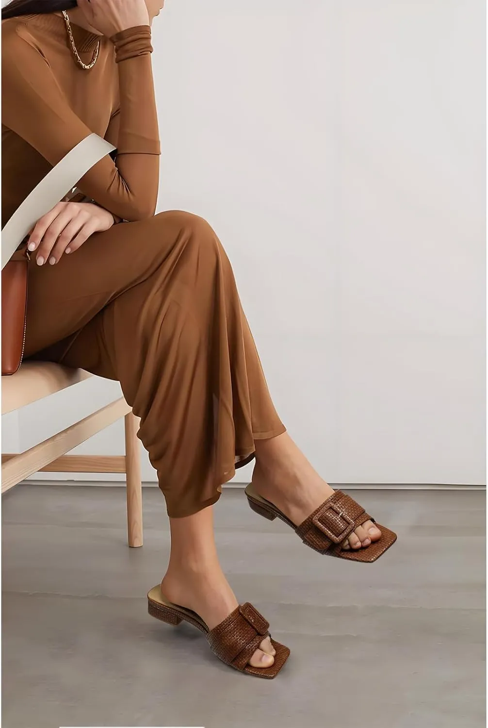 Women's Slide Heeled Sandals Opened Square Toe Chunky Block Heel Slippers with Buckle Slip on Casual Comfortable Pumps