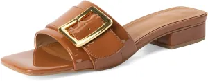 Women's Slide Heeled Sandals Opened Square Toe Chunky Block Heel Slippers with Buckle Slip on Casual Comfortable Pumps