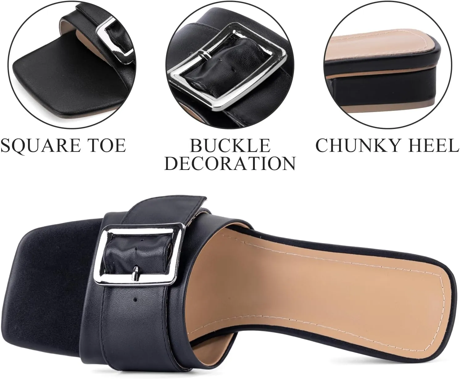 Women's Slide Heeled Sandals Opened Square Toe Chunky Block Heel Slippers with Buckle Slip on Casual Comfortable Pumps